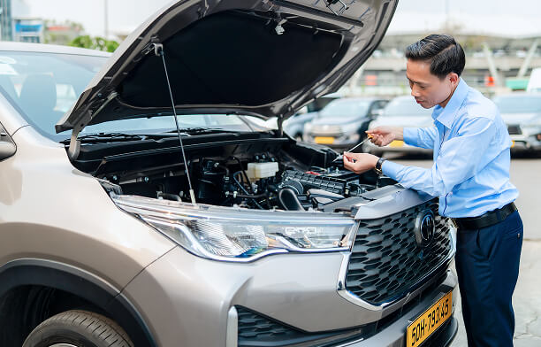 Driver inspecting a vehicle